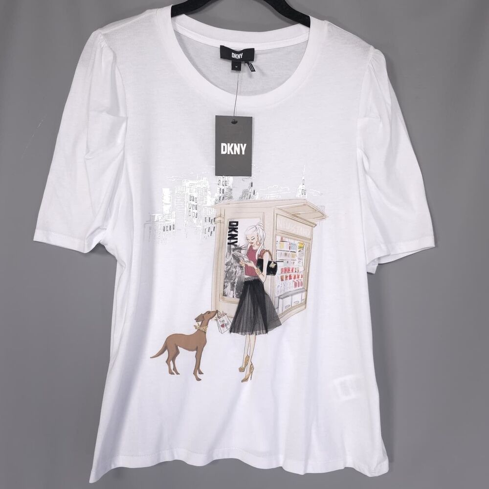DKNY Womens New T-Shirt Graphic Print MEDIUM White Cotton Casual P4EVTWSS